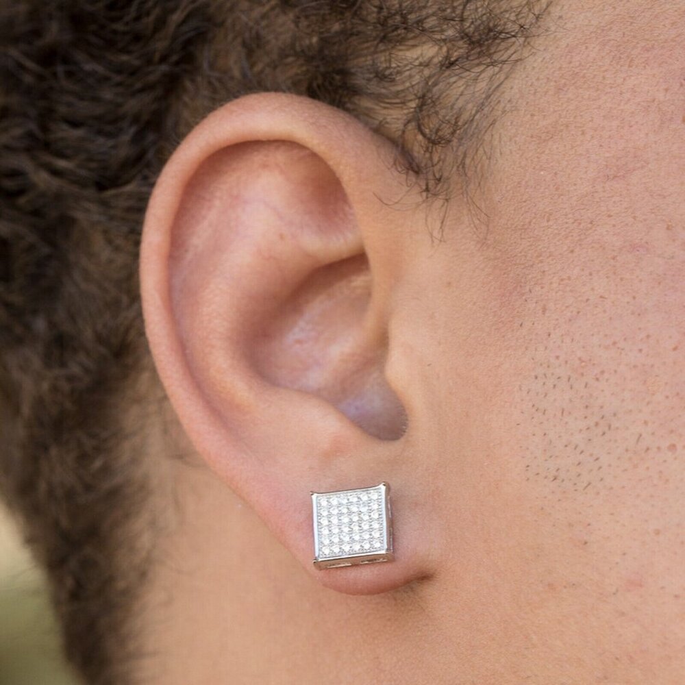 White Gold Sterling Silver Hip Hop Cz Square Flat Screen Mens Stud Earrings - Picture 3 of 5